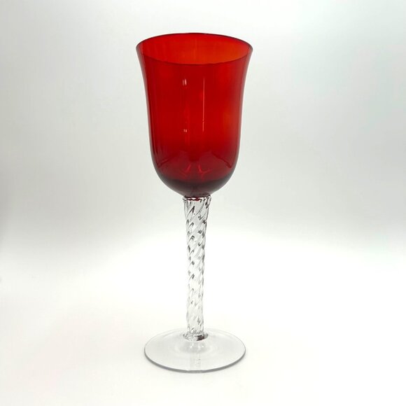 Long Stem, Hand Blown, Red with Clear Twisted Stem Wine Glasses, Set of 7, Tulip - Picture 7 of 9